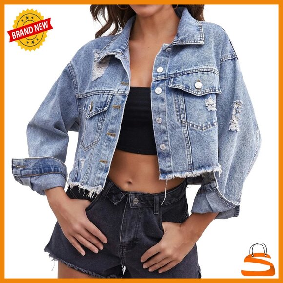 Cropped Denim Jacket Distressed Ripped Frayed Long Sleeve Button Up